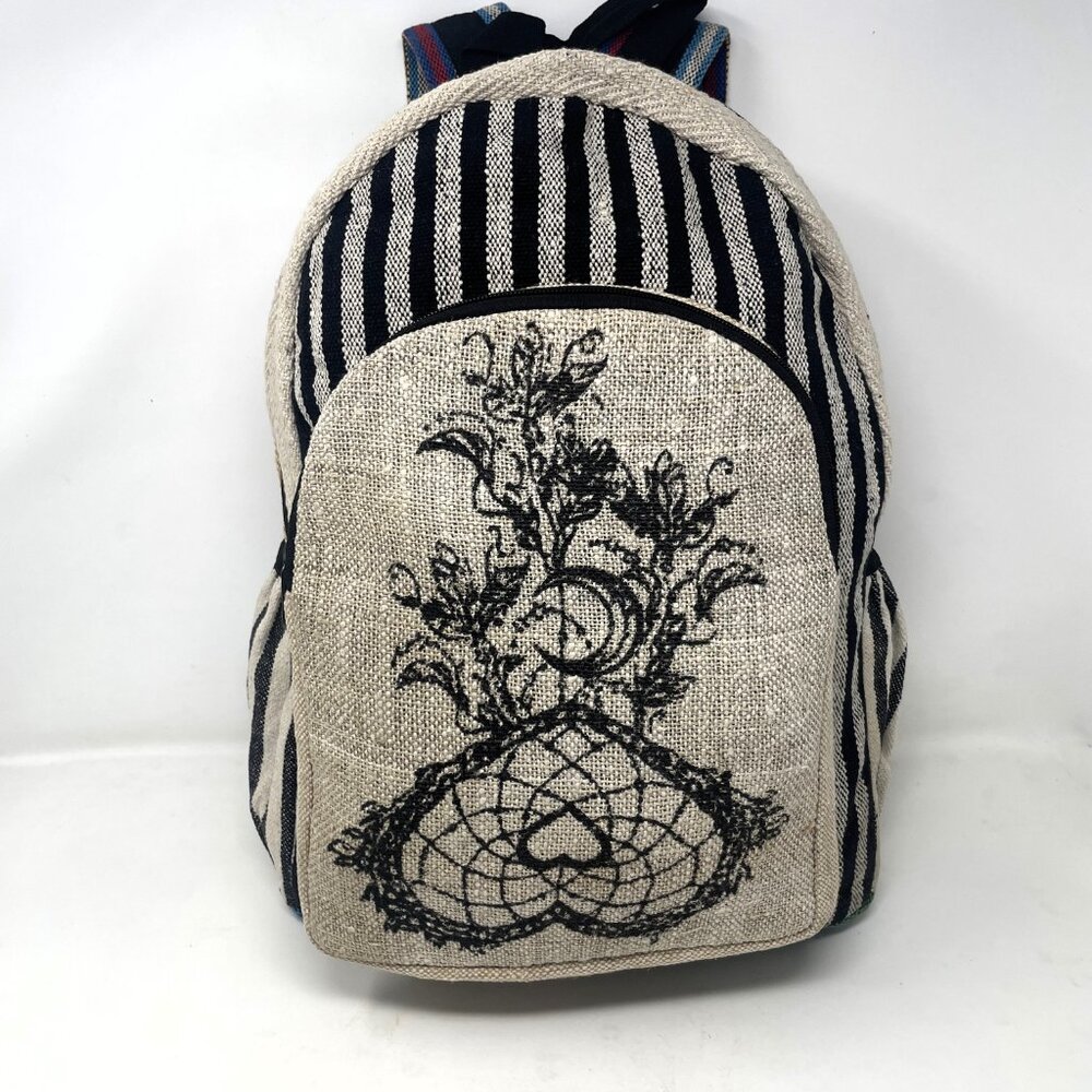 All Natural Pure Hemp Handmade Multi Pocket Large Laptop Backpack -Heart Design